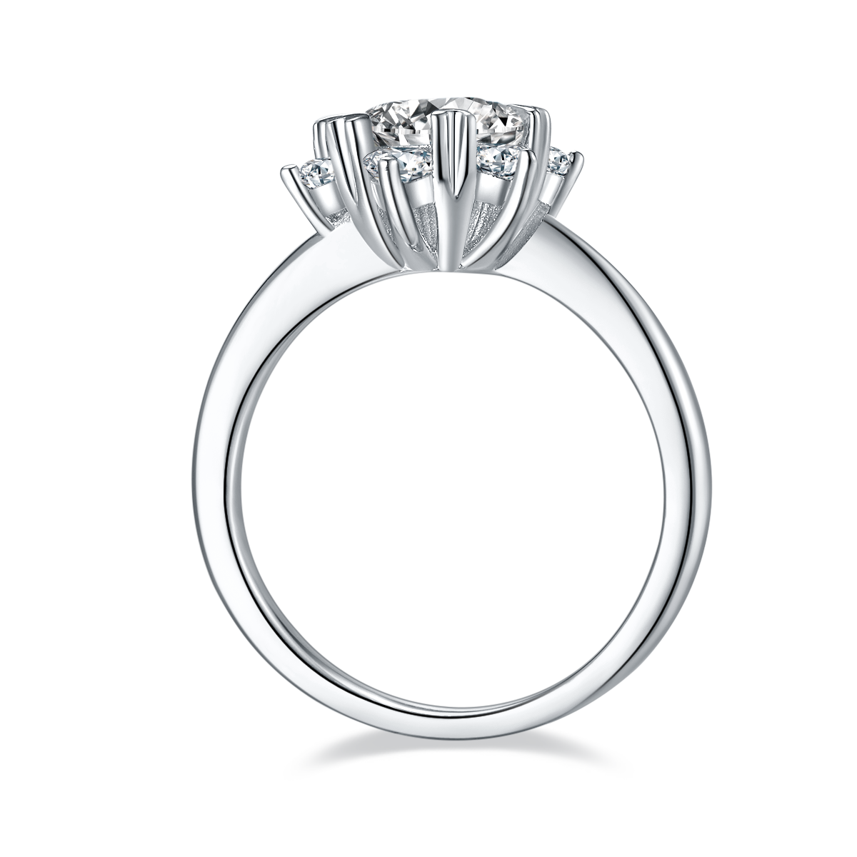 CARISSIE round moissanite cluster ring, side profile revealing the smooth tapered shank and height of the setting