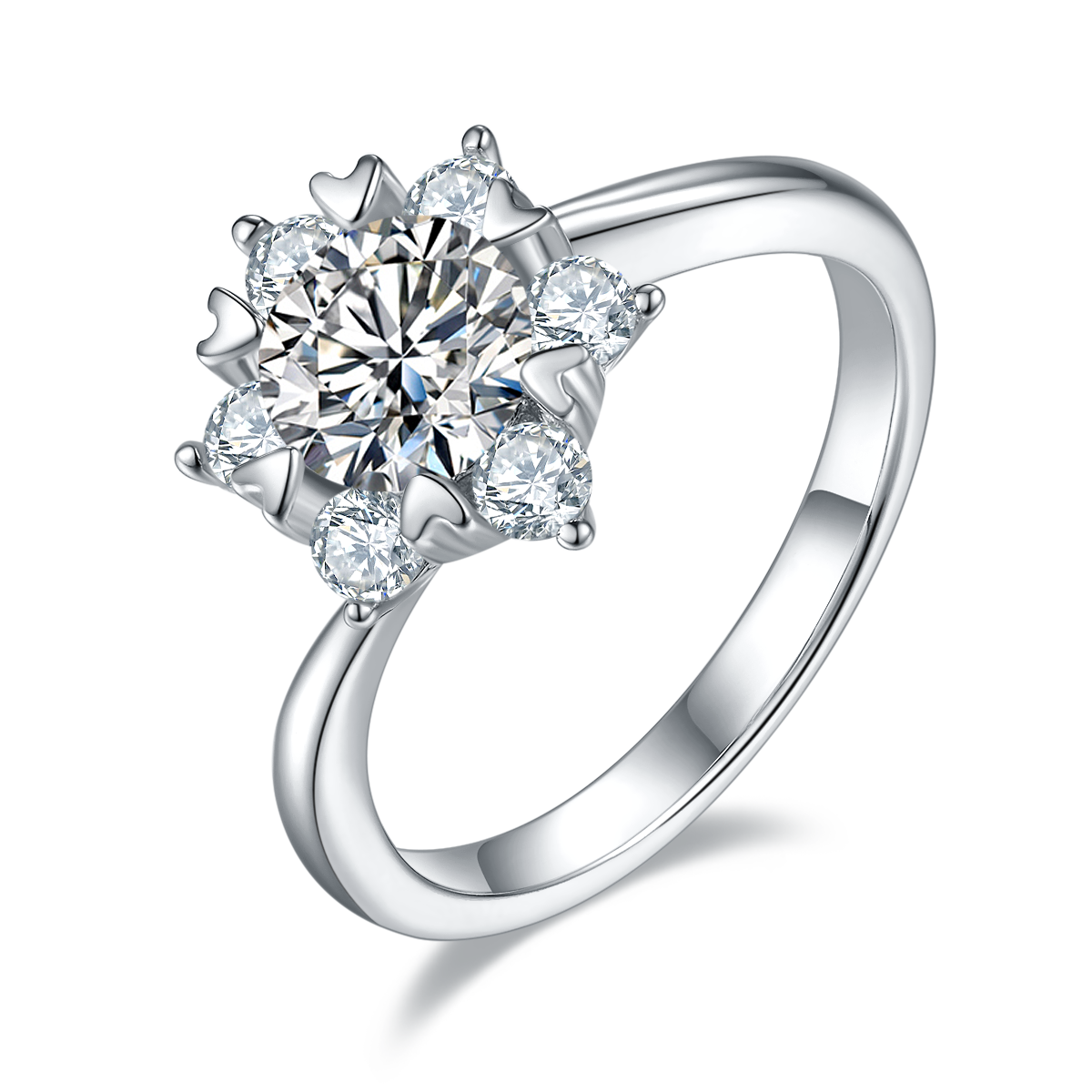CARISSIE round moissanite cluster ring, angled view highlighting heart-shaped prongs and six surrounding accent stones