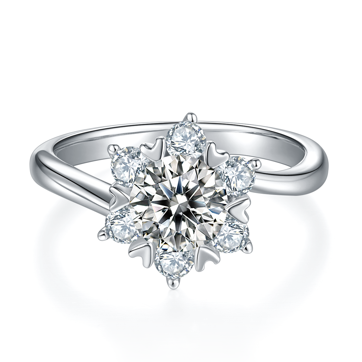 CARISSIE round moissanite cluster ring, top-down view showing the floral arrangement of stones on a polished silver band