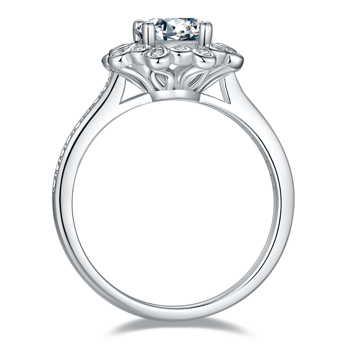CARISSIE round moissanite halo ring, interior profile revealing the polished silver-tone metal shank and gallery details