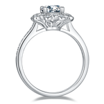 CARISSIE round moissanite halo ring, interior profile revealing the polished silver-tone metal shank and gallery details