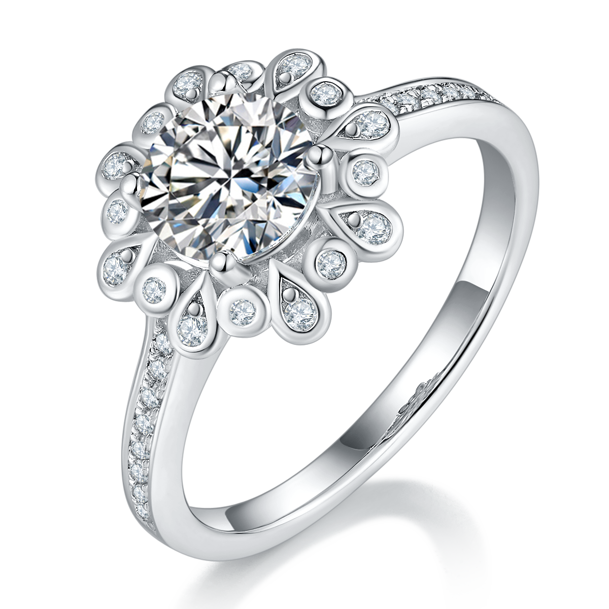 CARISSIE round moissanite halo ring, angled view highlighting the floral petal design and pavé diamond band