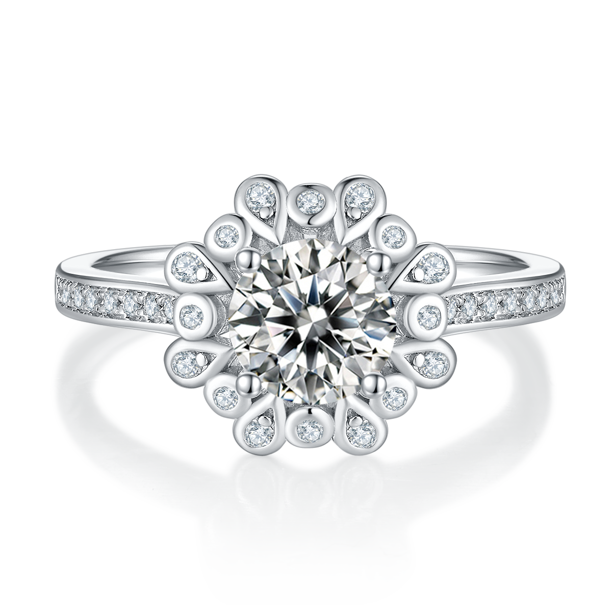 CARISSIE round moissanite halo ring, direct front view displaying the symmetrical flower-inspired stone arrangement