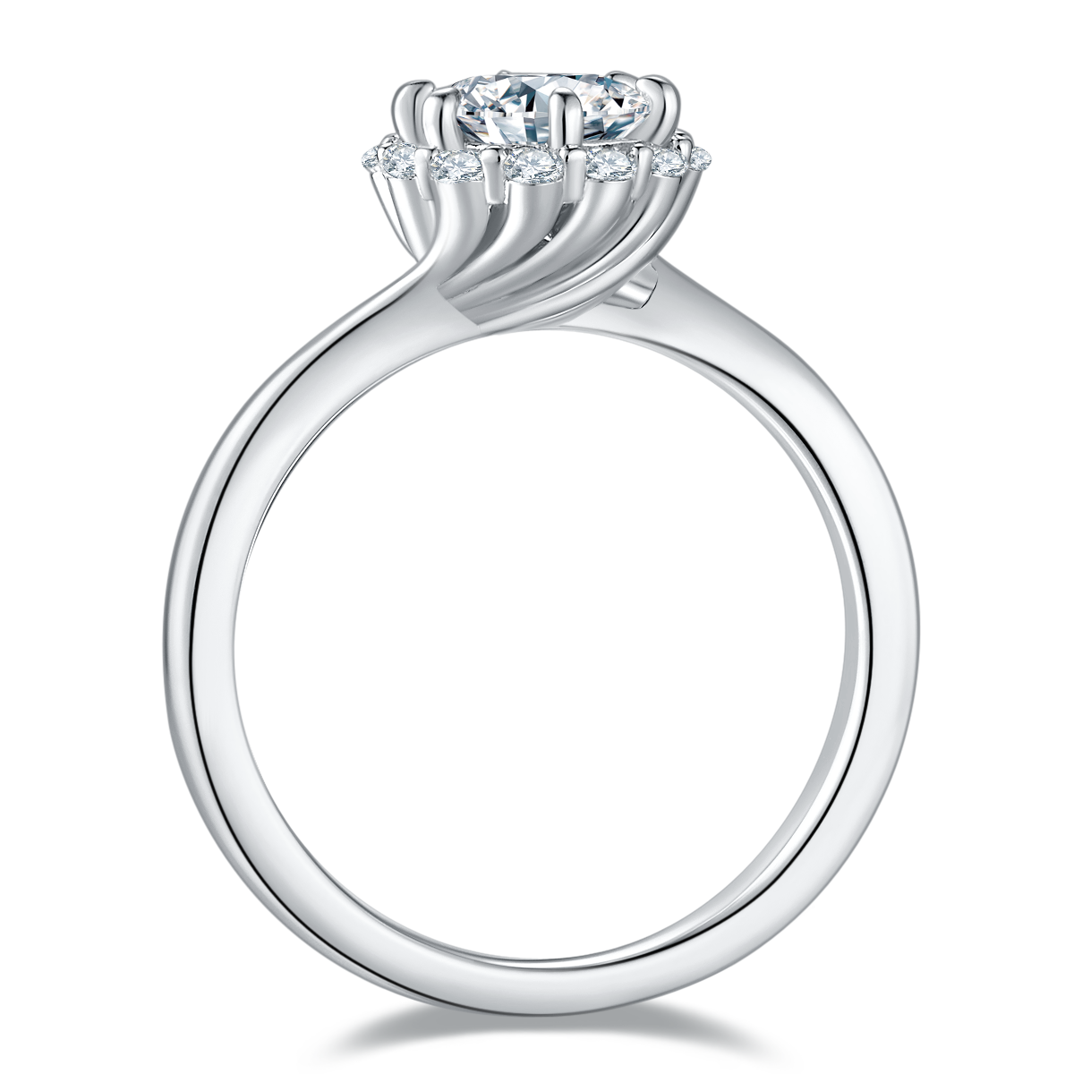 CARISSIE round moissanite halo engagement ring, side profile revealing the open gallery and smooth polished interior band