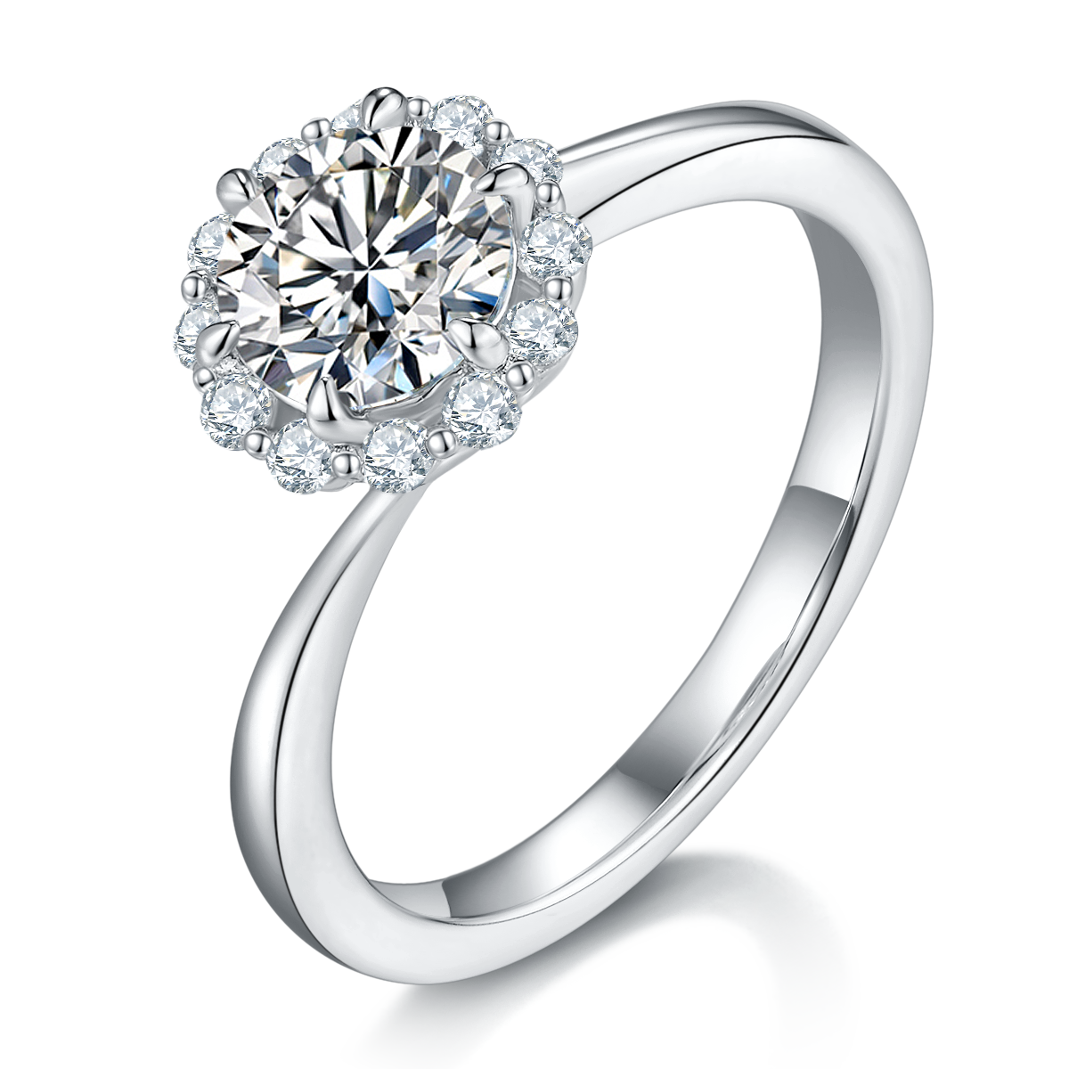 CARISSIE round moissanite halo engagement ring, angled view showing split shank band and brilliant center stone