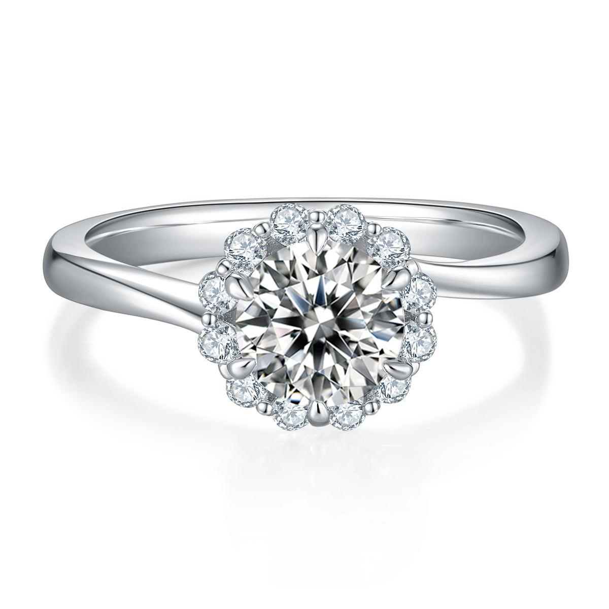 CARISSIE round moissanite halo engagement ring, top-down view displaying the full circle of halo stones around the center