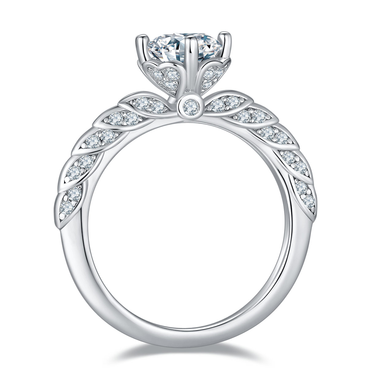CARISSIE round moissanite solitaire ring, top-down view displaying the circular band and leaf-like stone details