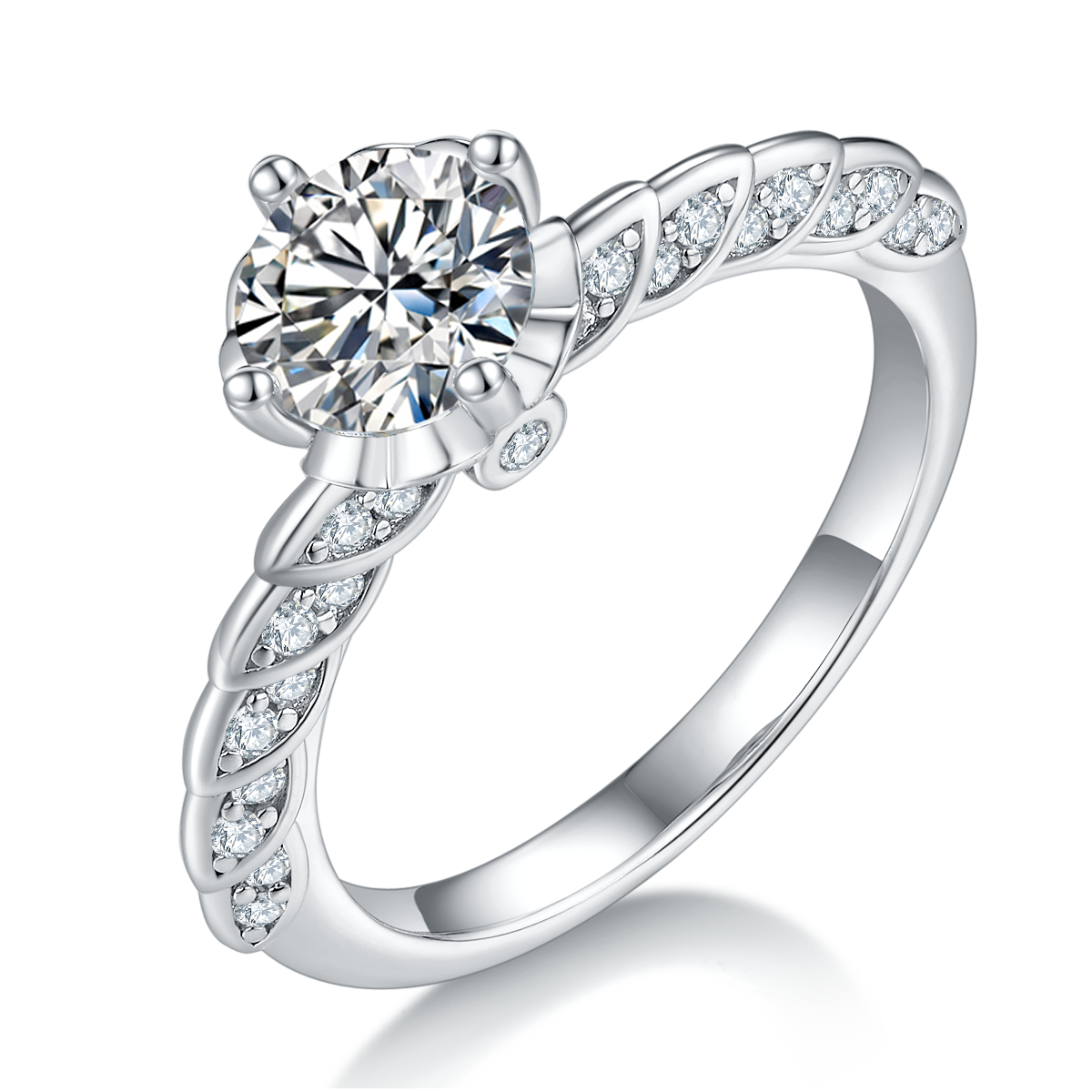 CARISSIE round moissanite solitaire ring, angled side view showing twisted vine band with pave-set accent stones