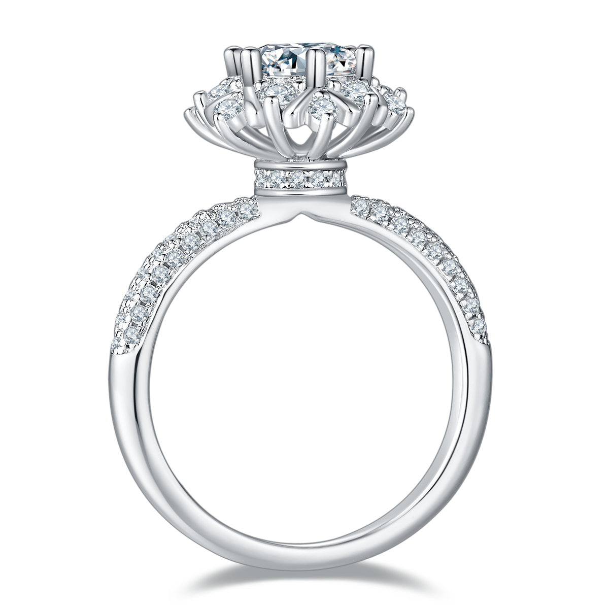 CARISSIE round moissanite cluster engagement ring, side profile revealing open gallery and diamond-studded shank
