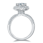 CARISSIE round moissanite cluster engagement ring, side profile revealing open gallery and diamond-studded shank