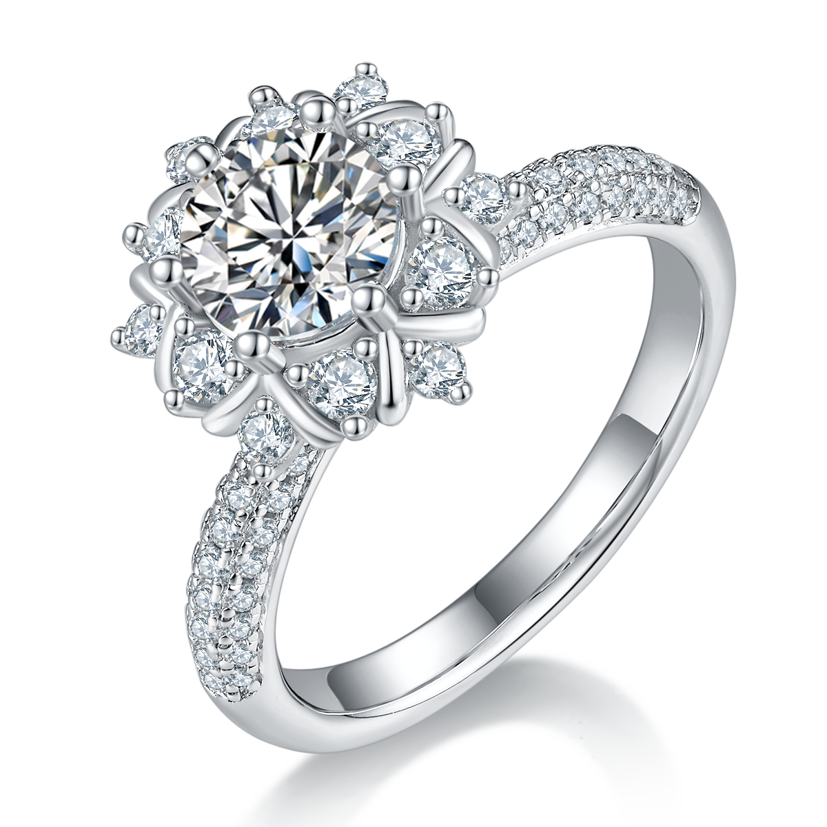 CARISSIE round moissanite cluster engagement ring, angled view highlighting floral prongs and pavé band
