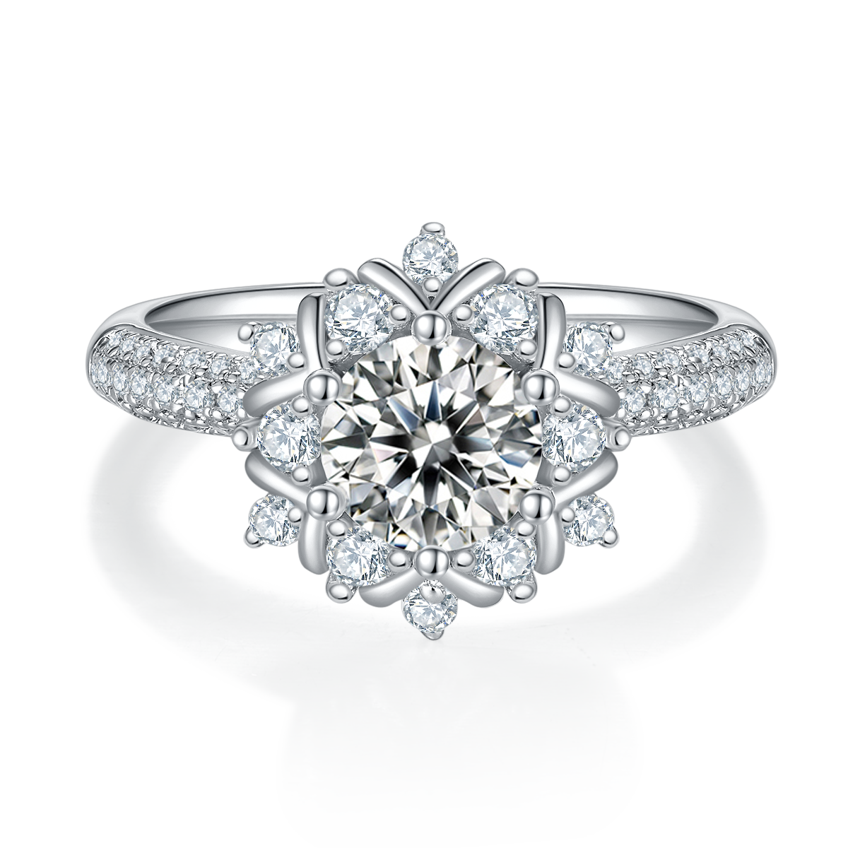 CARISSIE round moissanite cluster engagement ring, top-down view showing the symmetrical flower halo design