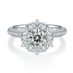 CARISSIE round moissanite cluster engagement ring, top-down view showing the symmetrical flower halo design