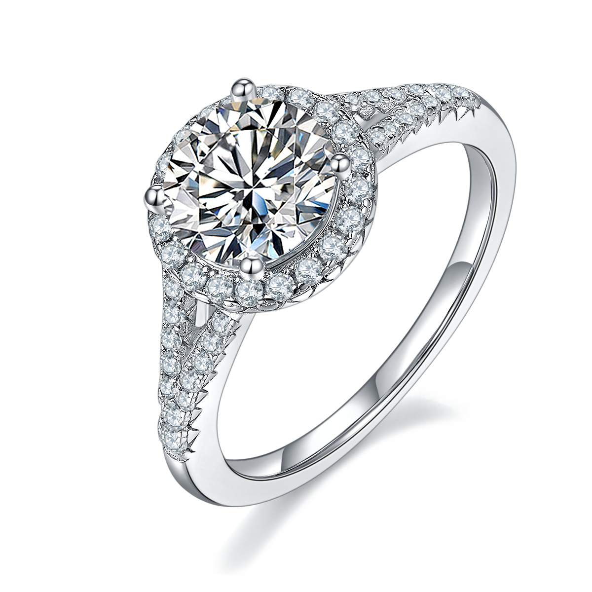 CARISSIE round moissanite halo engagement ring, angled view highlighting split shank and pavé band details