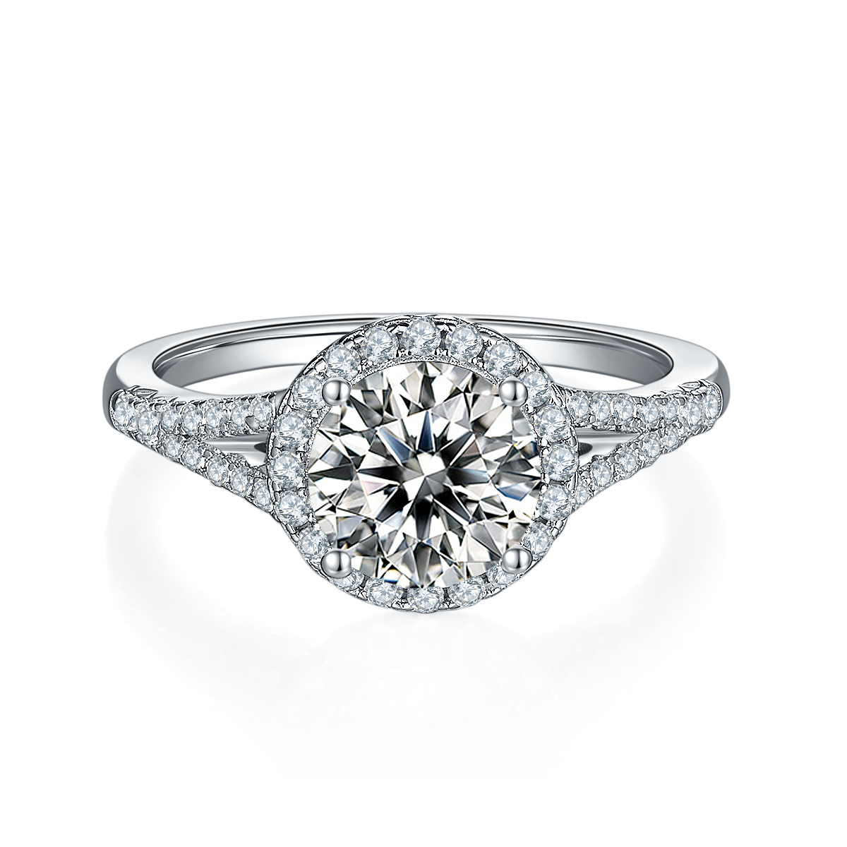CARISSIE round moissanite halo engagement ring, front view showing full halo of accent stones around center gem