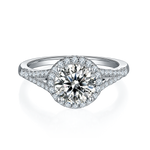 CARISSIE round moissanite halo engagement ring, front view showing full halo of accent stones around center gem
