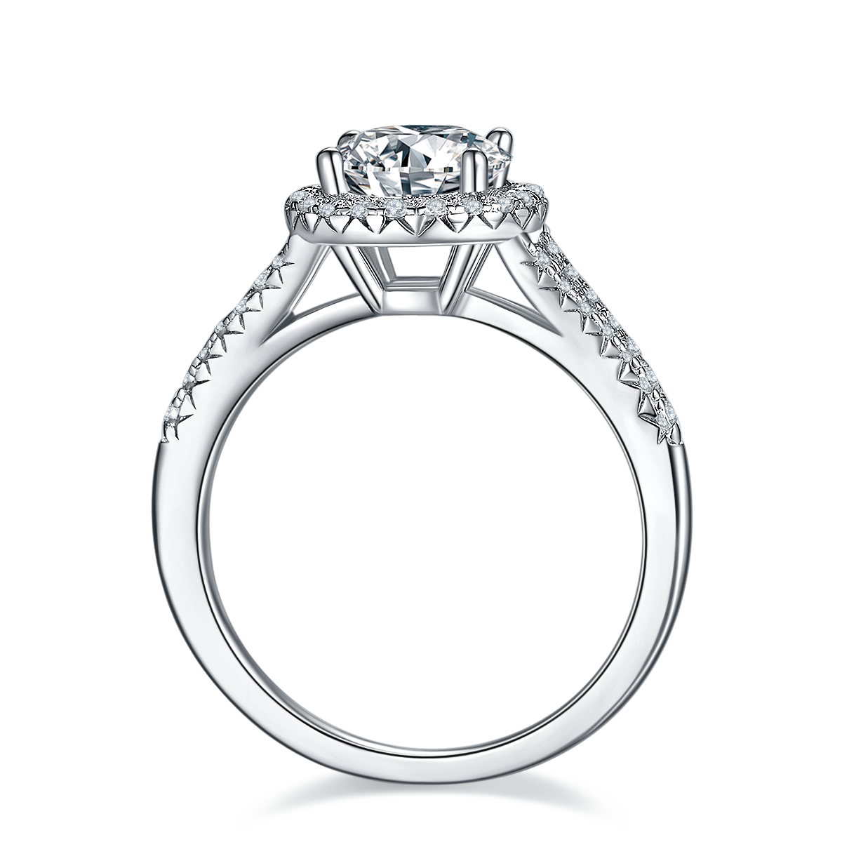 CARISSIE round moissanite halo engagement ring, side profile revealing open gallery structure and inner band