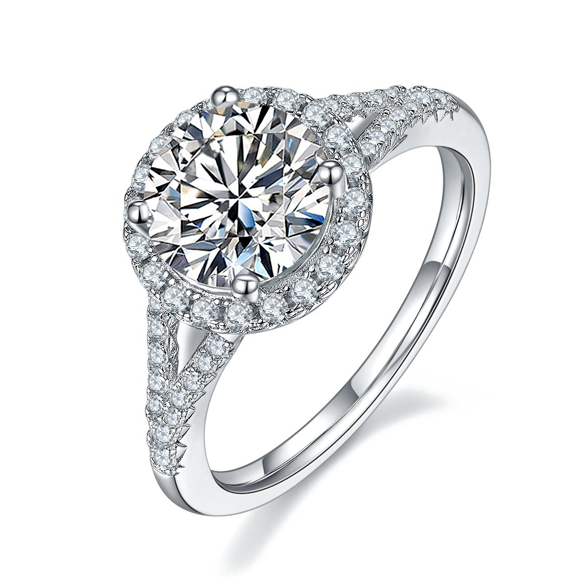 CARISSIE round moissanite halo ring, angled view highlighting the brilliant center stone and pavé split shank band