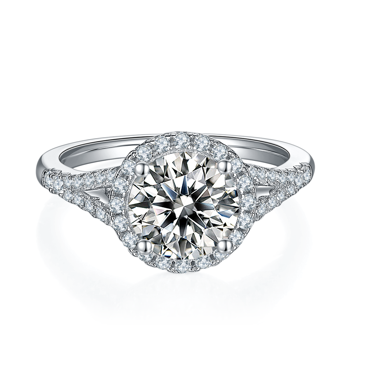 CARISSIE round moissanite halo ring, top-down perspective showcasing the full diamond halo and four-prong setting