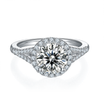 CARISSIE round moissanite halo ring, top-down perspective showcasing the full diamond halo and four-prong setting