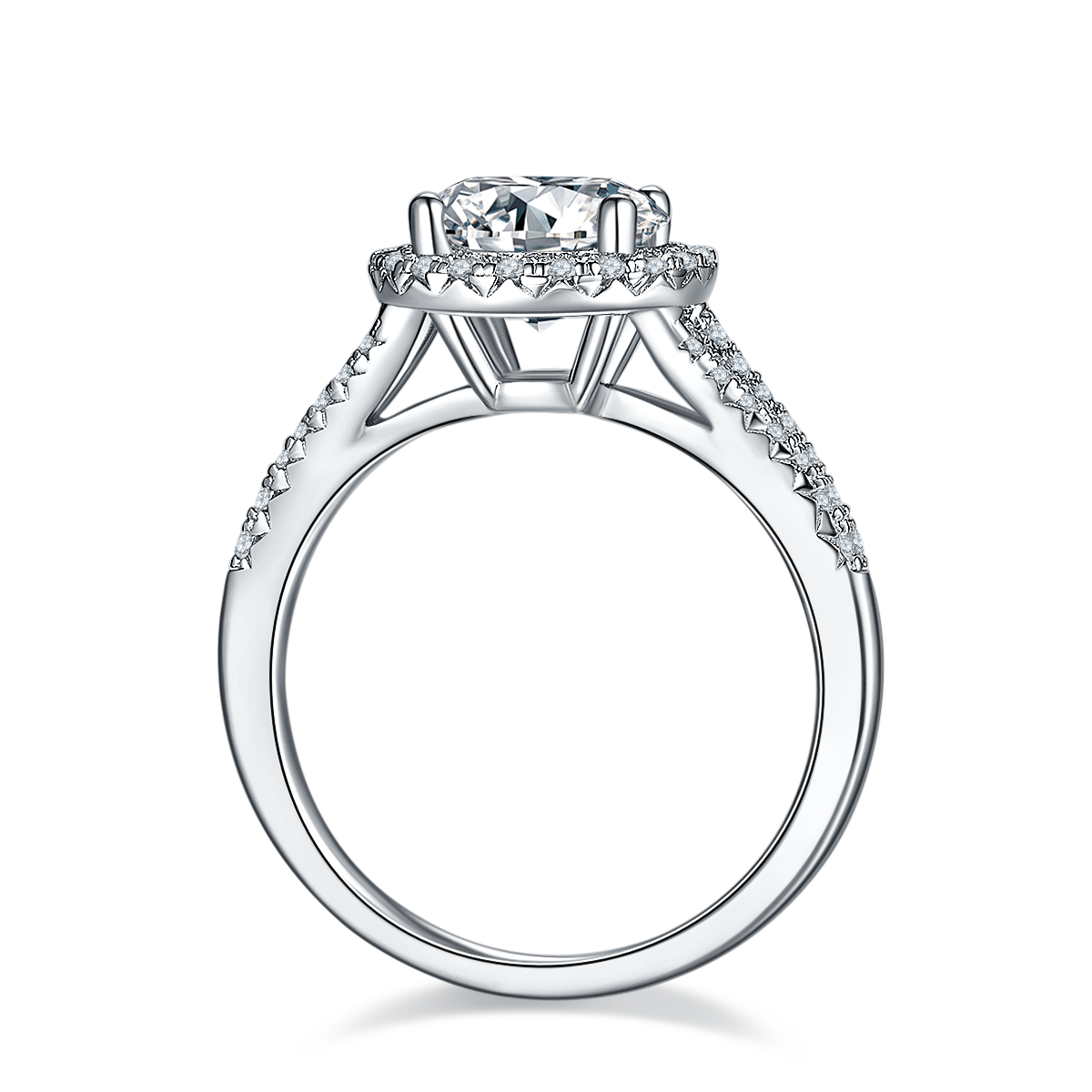 CARISSIE round moissanite halo ring, side profile revealing the open gallery design and accent stones on the band