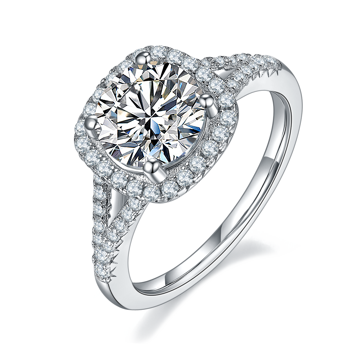 CARISSIE round moissanite halo engagement ring, angled view highlighting split shank with pavé stones and cushion-shaped halo