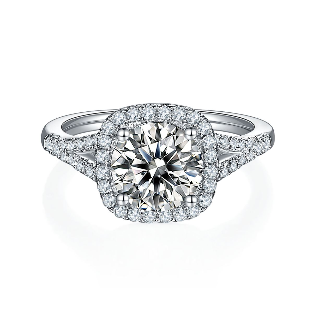 CARISSIE round moissanite halo engagement ring, top-down view displaying four-prong setting and surrounding diamond accents