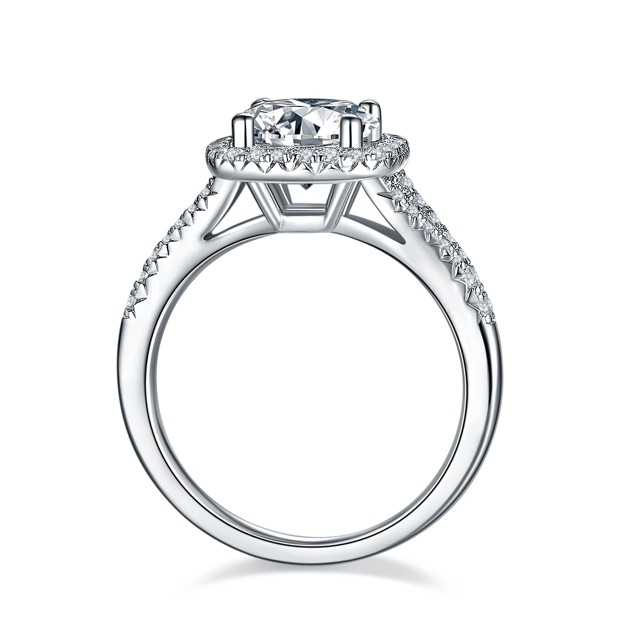 CARISSIE round moissanite halo engagement ring, side profile showing open gallery structure and smooth polished silver-tone band