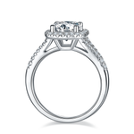 CARISSIE round moissanite halo engagement ring, side profile showing open gallery structure and smooth polished silver-tone band