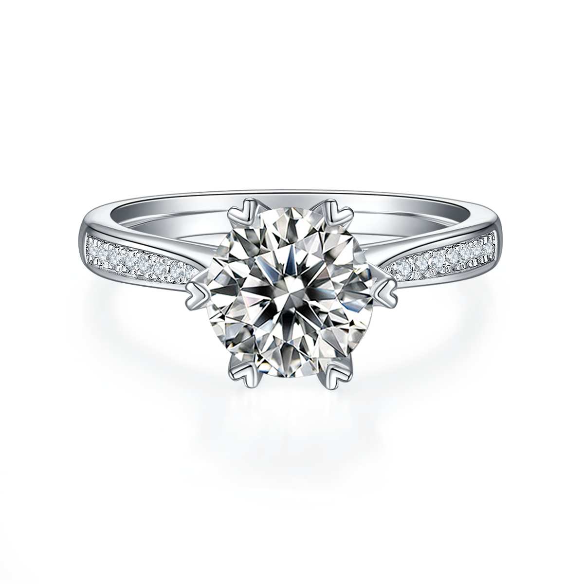 CARISSIE round moissanite solitaire ring, direct front view highlighting six-prong setting and symmetrical pave shoulders