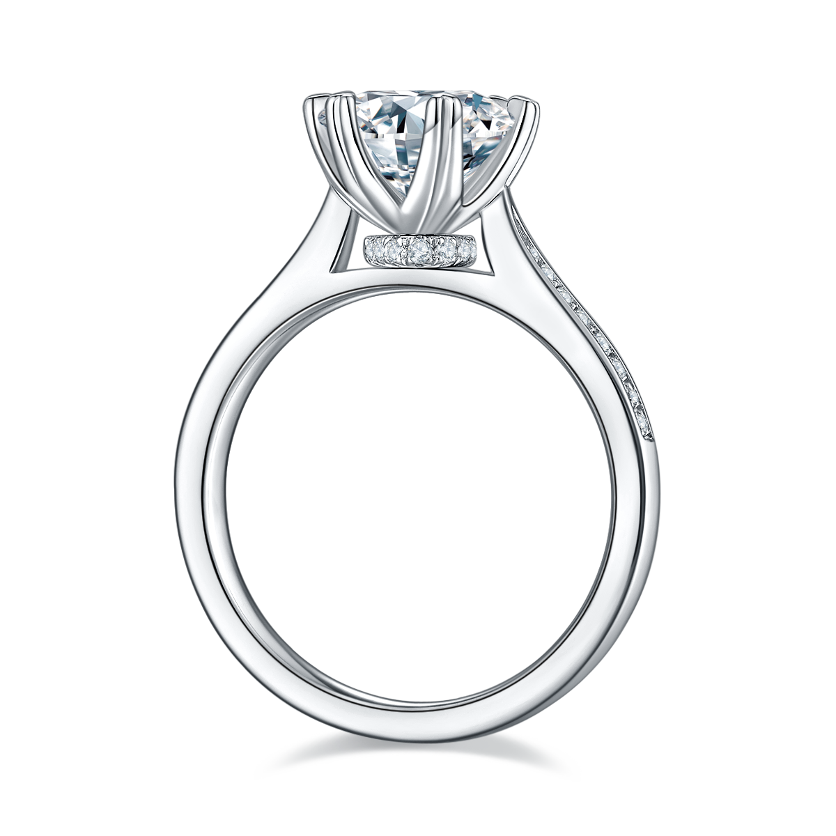 CARISSIE round moissanite solitaire ring, side profile revealing smooth inner band surface and tapered silver-tone metal design
