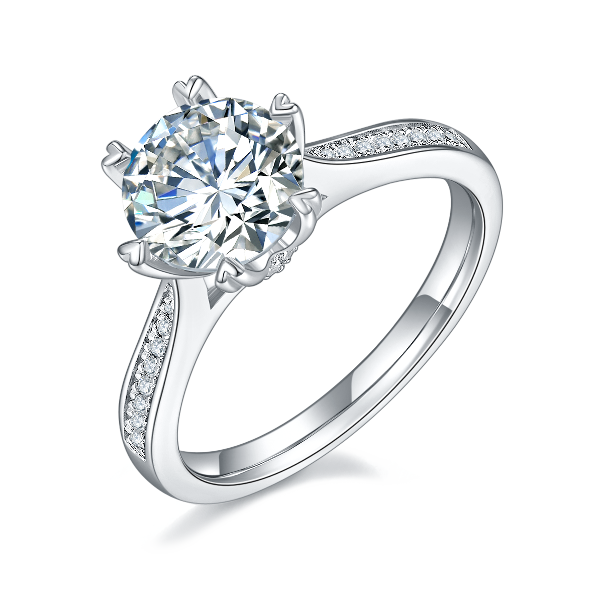 CARISSIE round moissanite solitaire ring, angled view showing split shank band with pavé accents and brilliant center stone