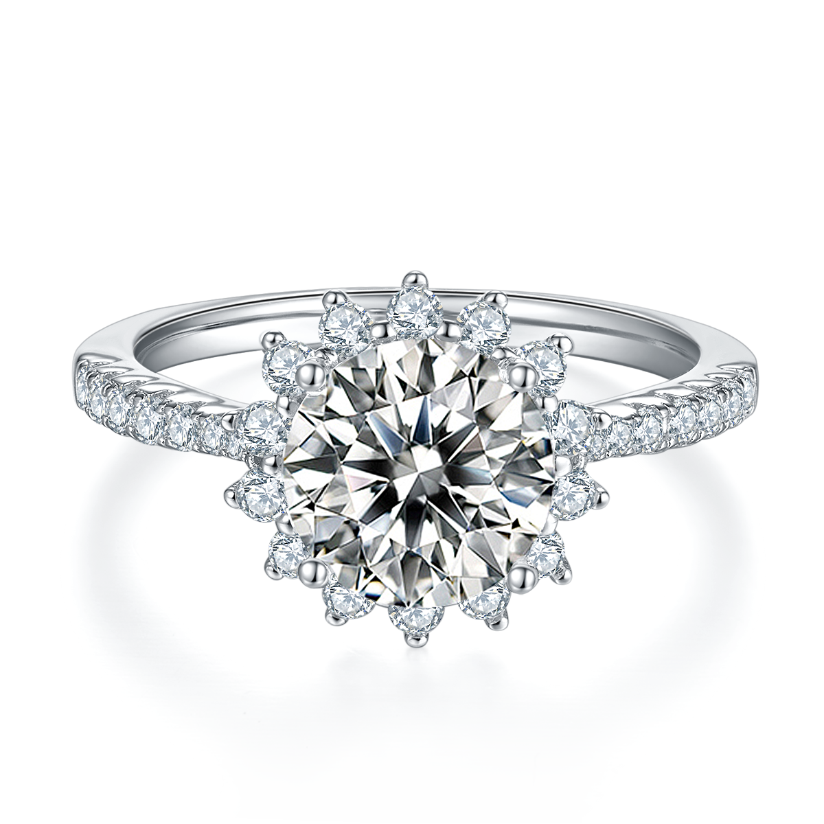 CARISSIE round moissanite halo engagement ring, top-down view showcasing the radiant sunburst halo surrounding the center stone.