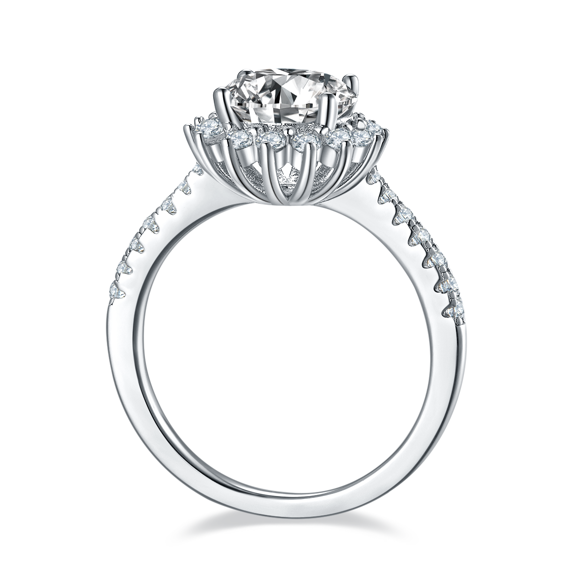 CARISSIE round moissanite halo engagement ring, front view displaying the cathedral setting structure and prong details.