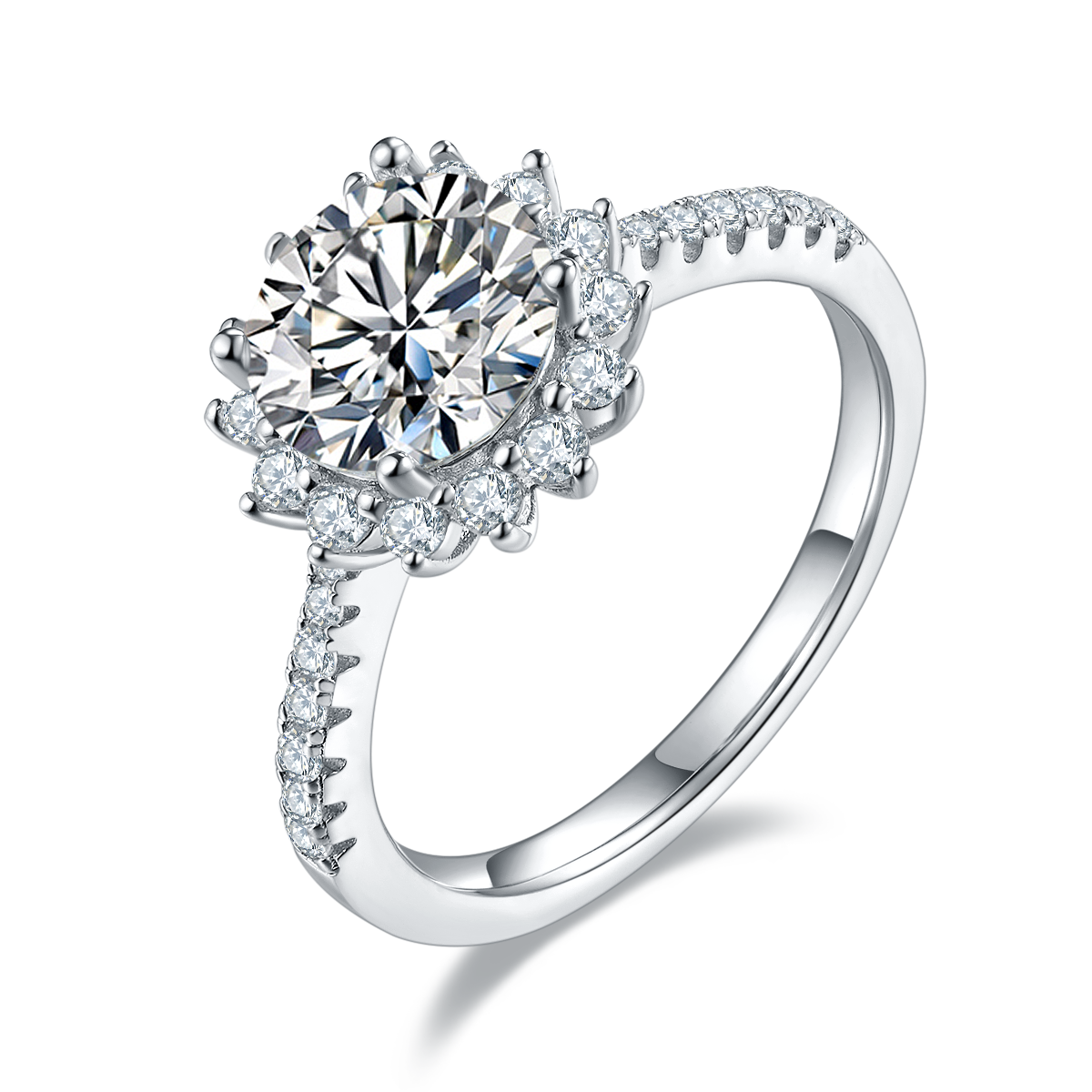 CARISSIE round moissanite halo engagement ring, side profile view highlighting the split shank band and pavé-set accent stones.