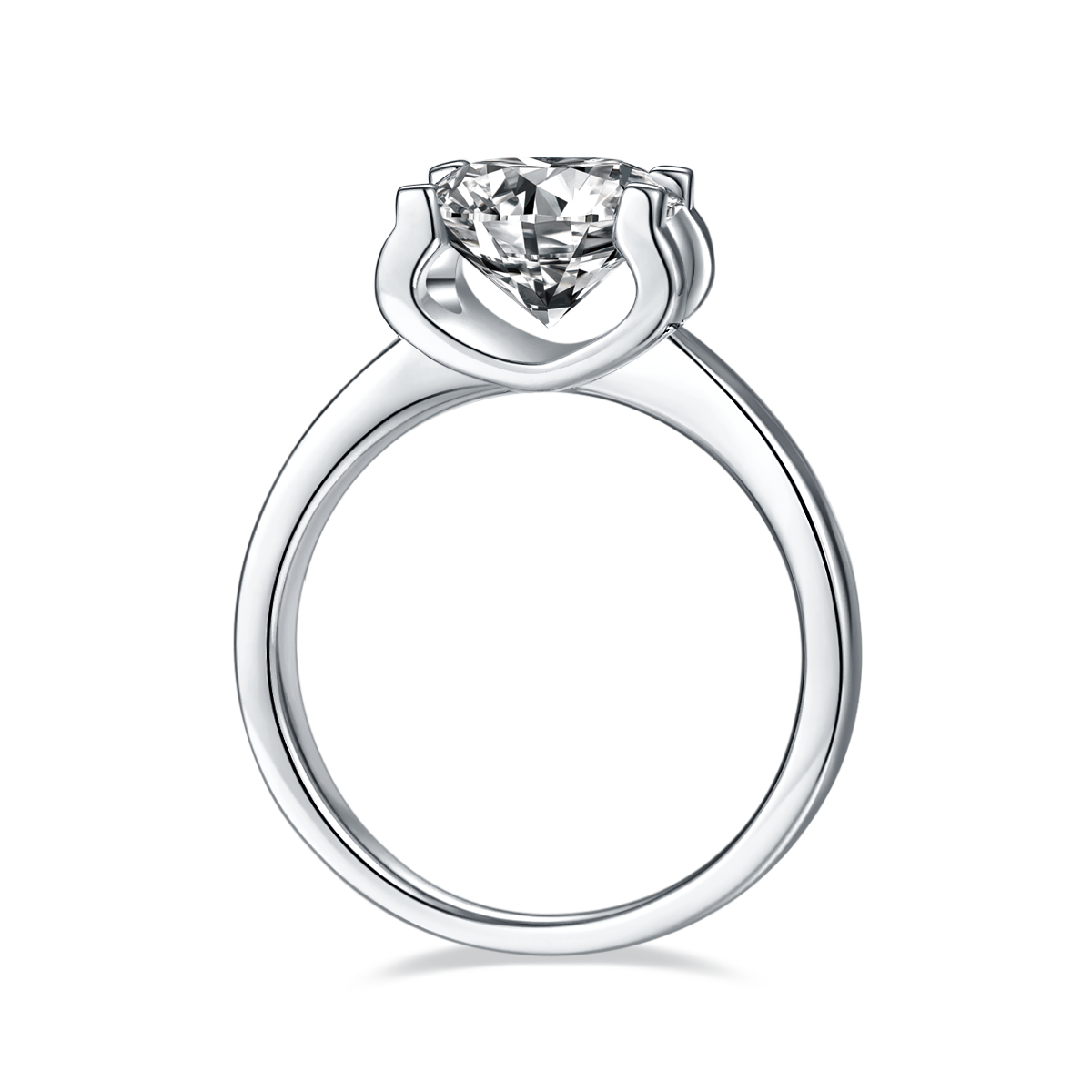 CARISSIE round moissanite solitaire ring, bottom view displaying the smooth interior of the tapered silver-tone shank