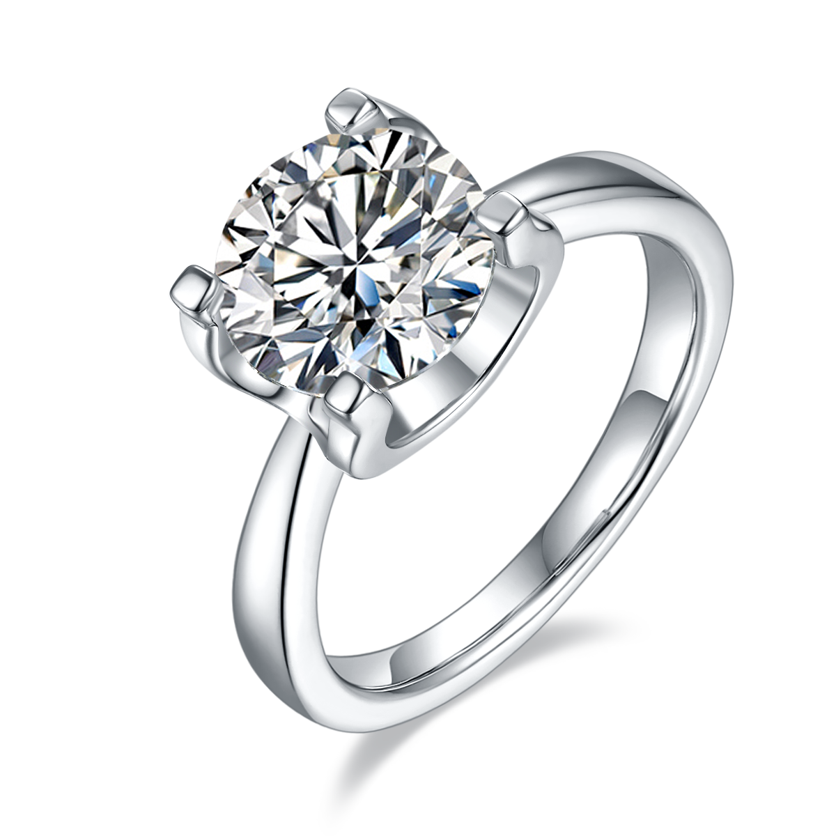 CARISSIE round moissanite solitaire ring, angled view showing high-polish silver band and four-prong setting