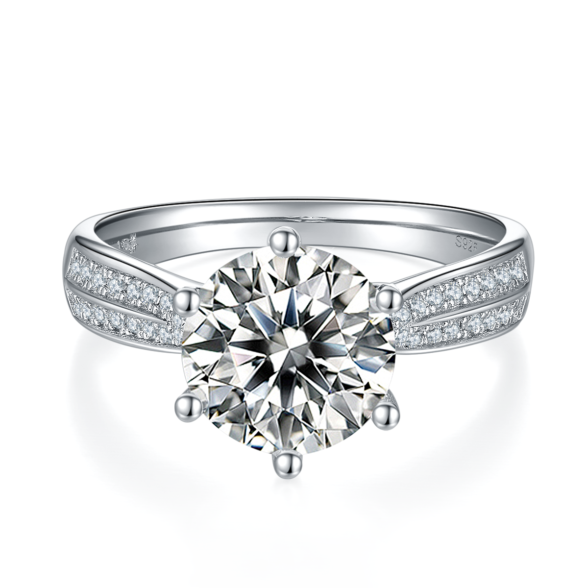 CARISSIE round moissanite solitaire ring, top-down view highlighting six-prong setting and dual rows of accent stones
