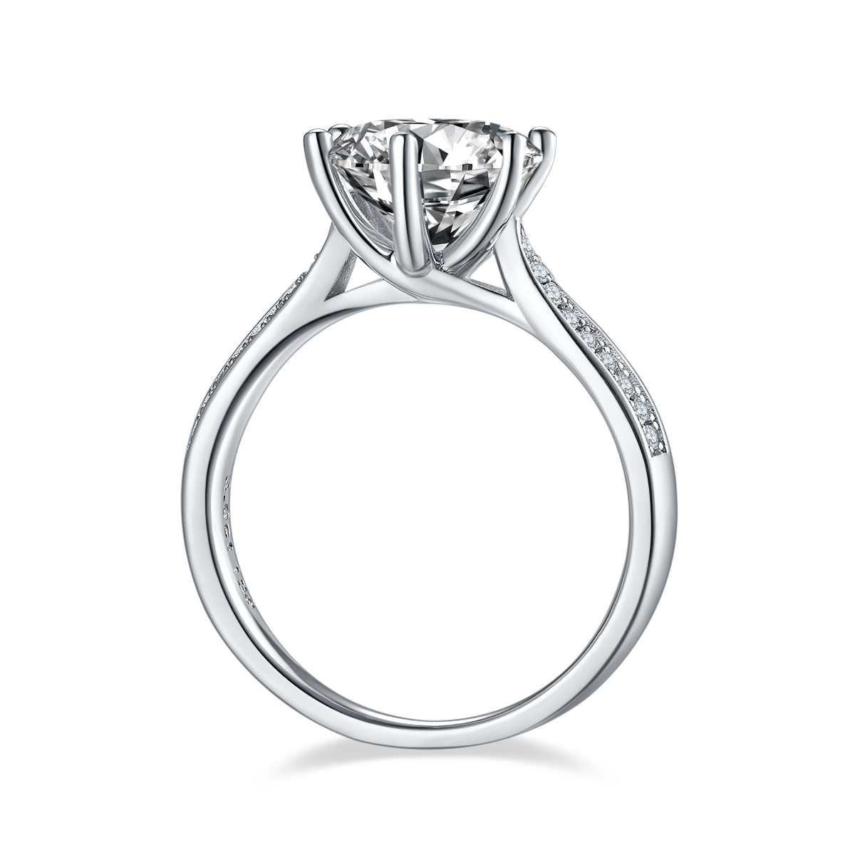 CARISSIE round moissanite solitaire ring, side profile revealing the elegant curve of the silver-tone metal band