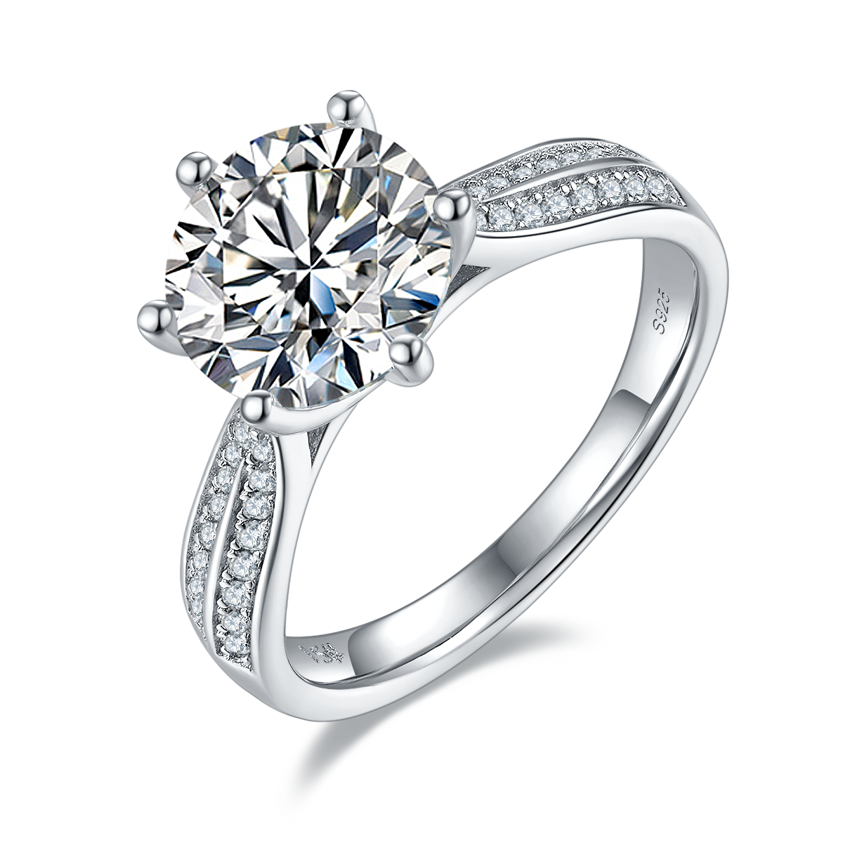 CARISSIE round moissanite solitaire ring, angled view showing split shank band with pavé stones and S925 stamp