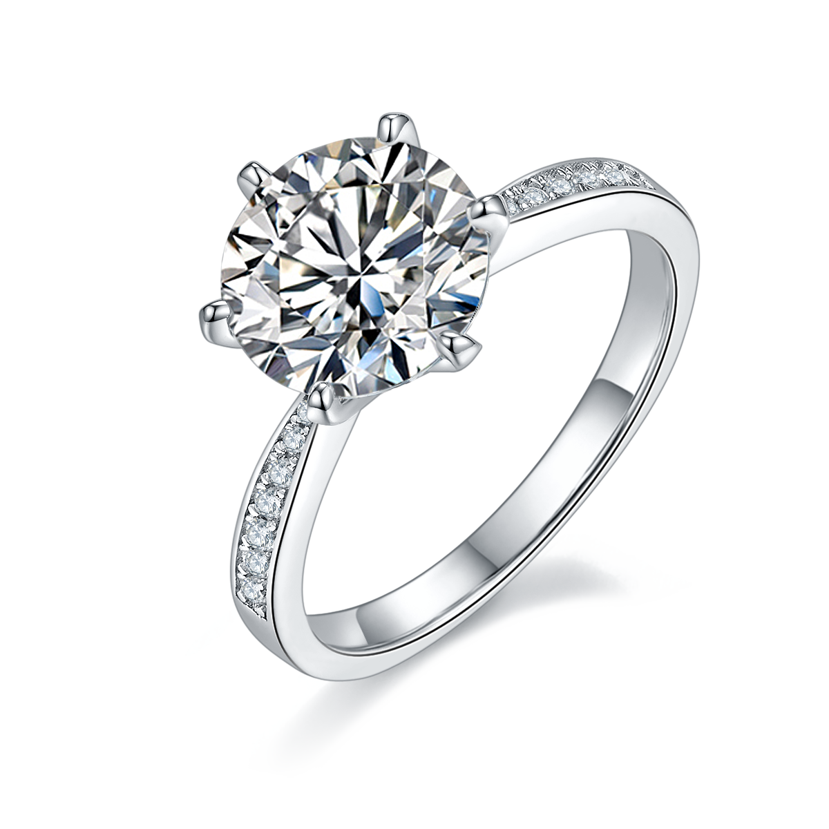 CARISSIE round moissanite solitaire ring, angled view highlighting the brilliant center stone and pavé split shank band.