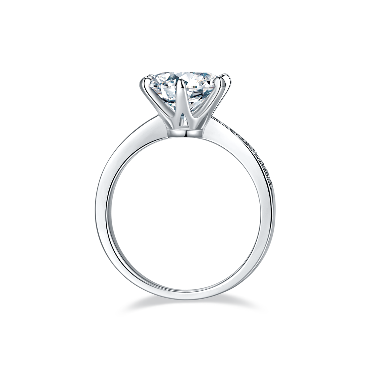 CARISSIE round moissanite solitaire ring, bottom profile view displaying the inner band finish and prong structure beneath the gemstone.