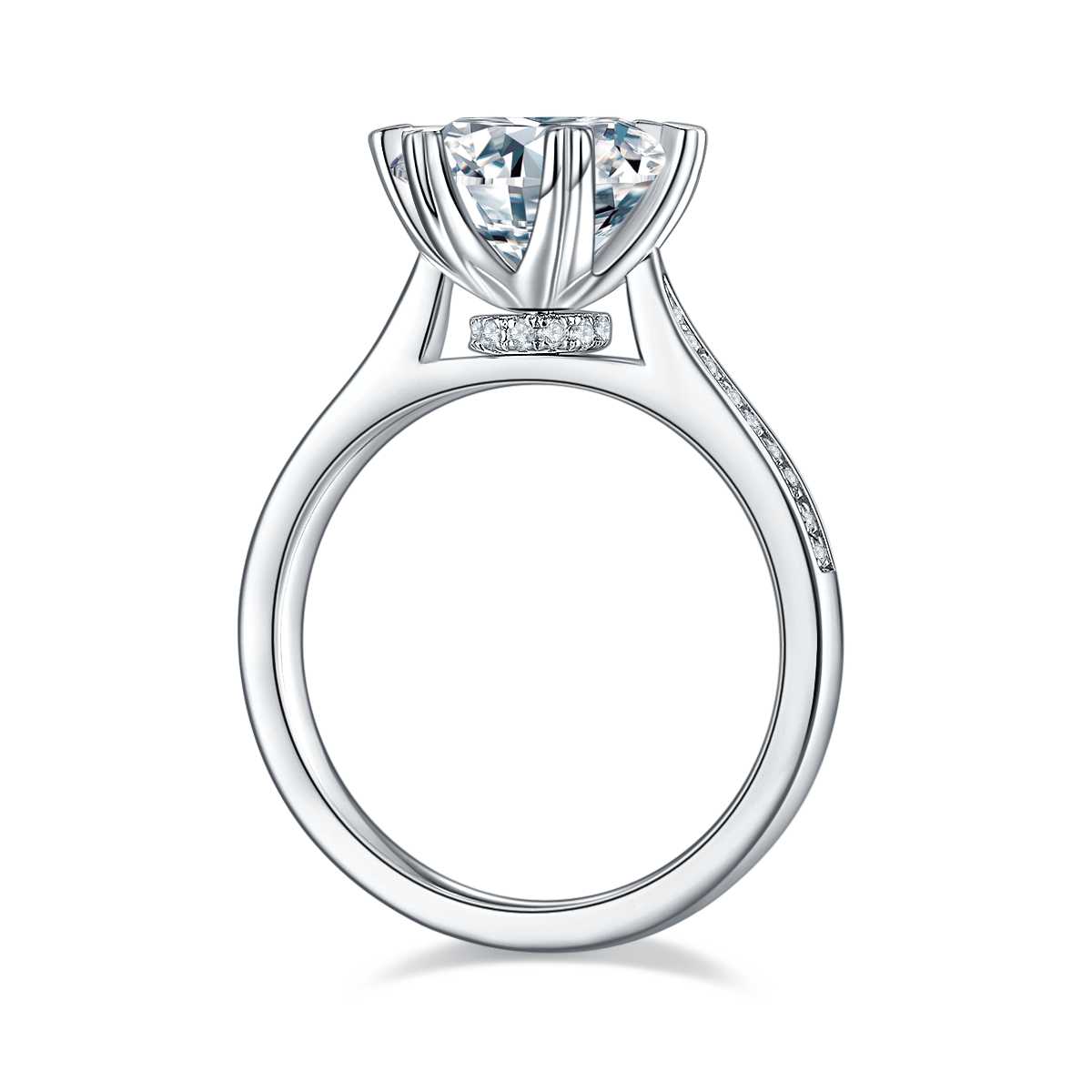 CARISSIE round moissanite wedding ring, side profile showing the inner gallery and hidden accent stones under the head