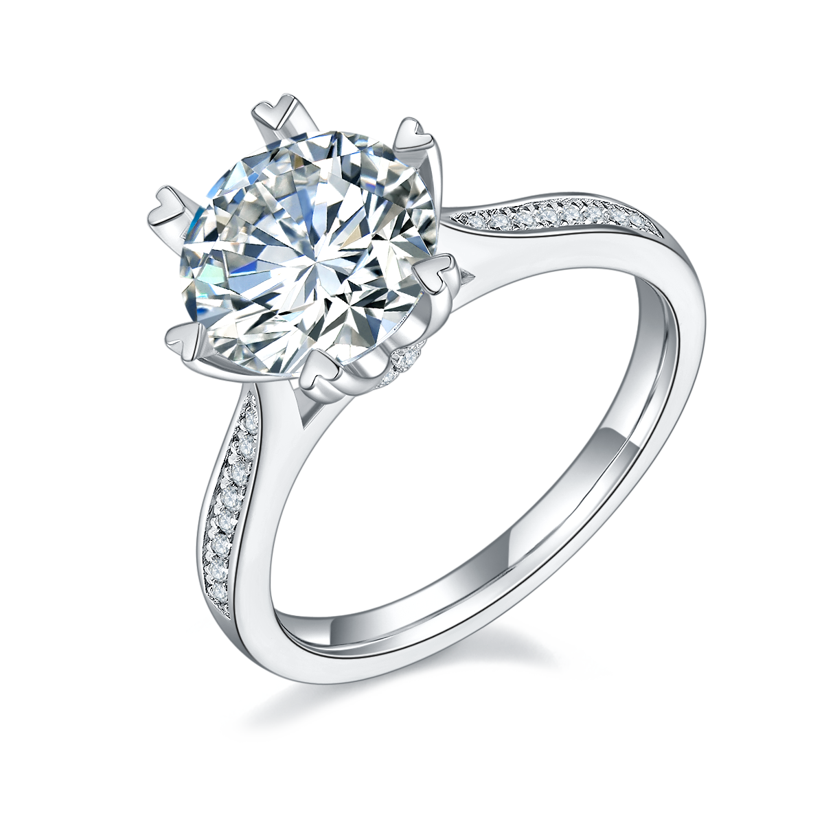 CARISSIE round moissanite solitaire ring, angled view highlighting heart-shaped prongs and pavé split shank band