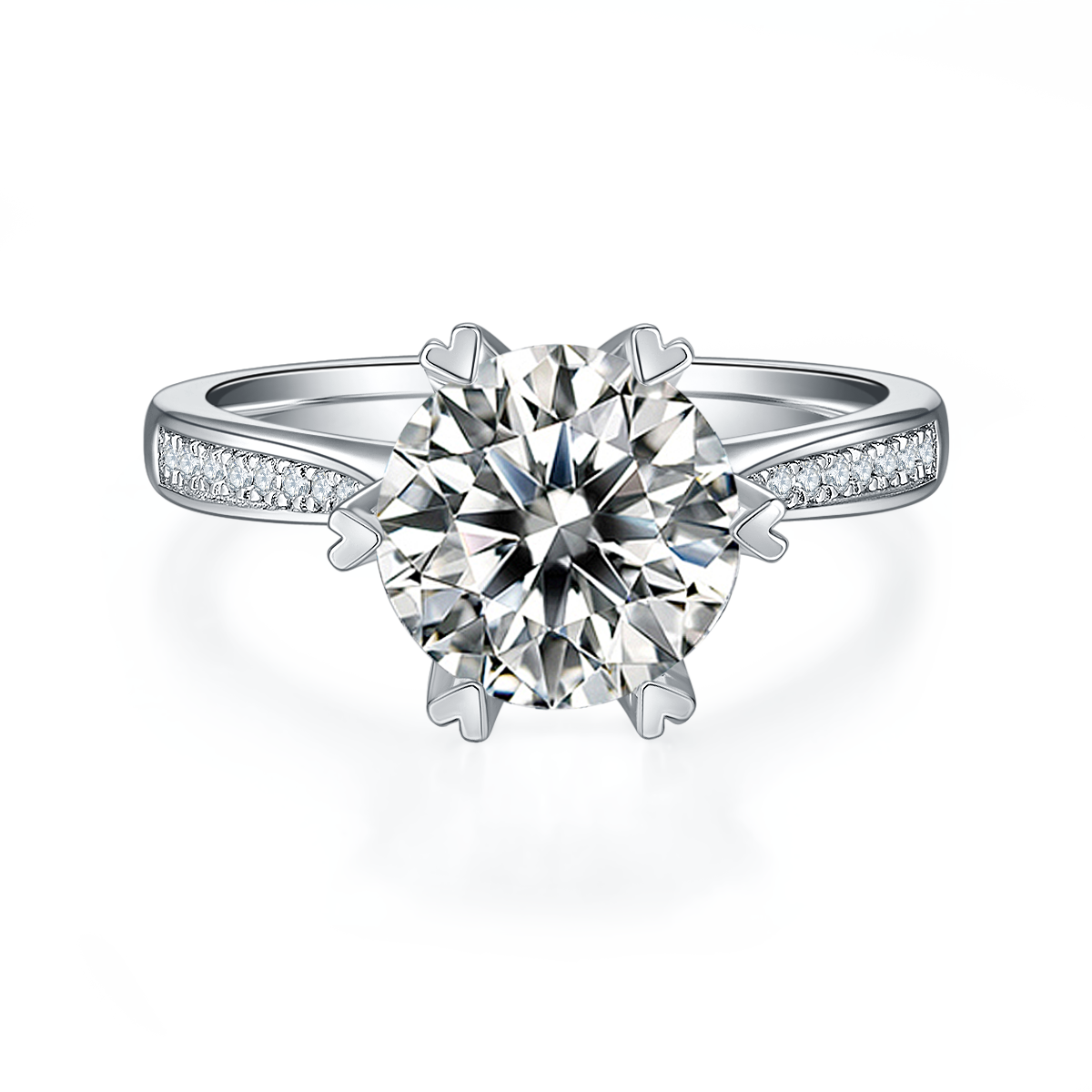 CARISSIE round moissanite engagement ring, front view displaying brilliant-cut center stone and silver-tone metal setting