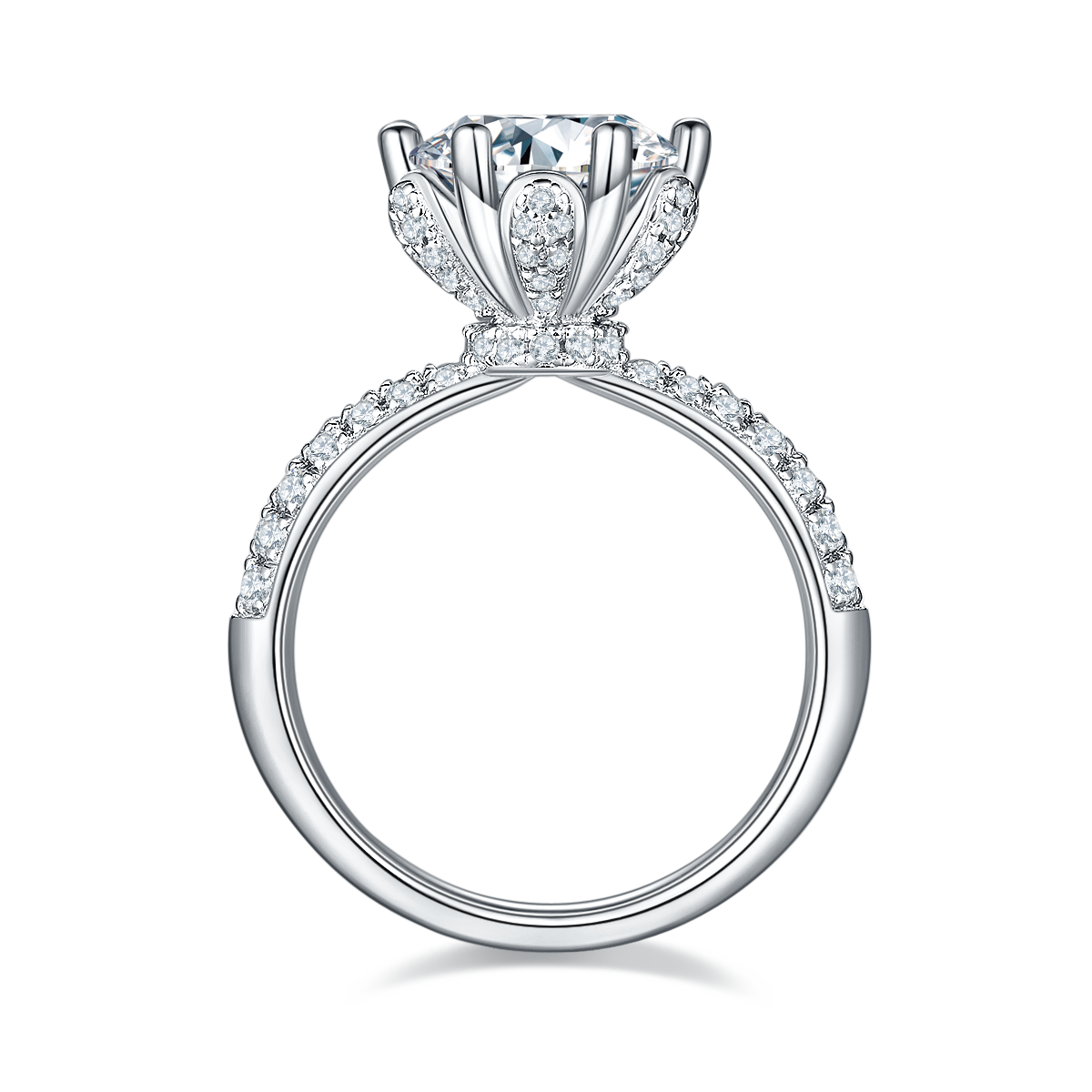 CARISSIE round moissanite engagement ring, side profile displaying the gallery's pavé accents and smooth inner shank