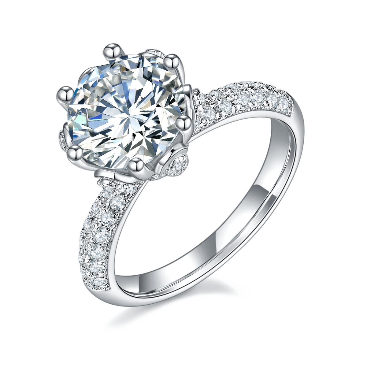 CARISSIE round moissanite engagement ring, angled view highlighting the high-profile crown setting and pavé band