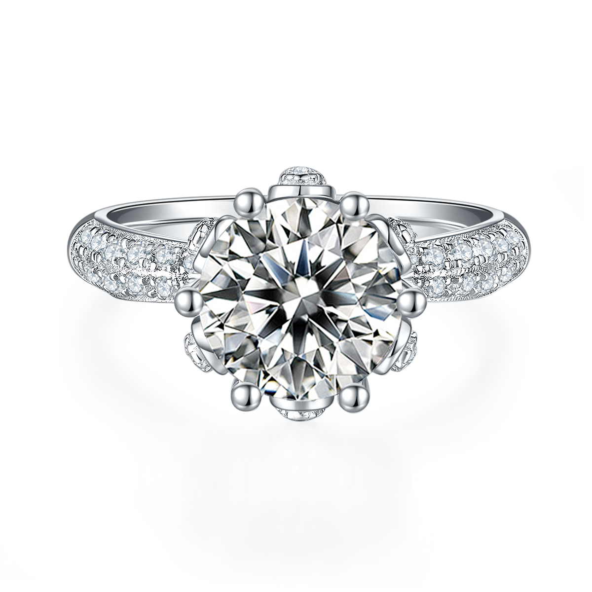 CARISSIE round moissanite engagement ring, front view showing brilliant center stone and flower petal prong details