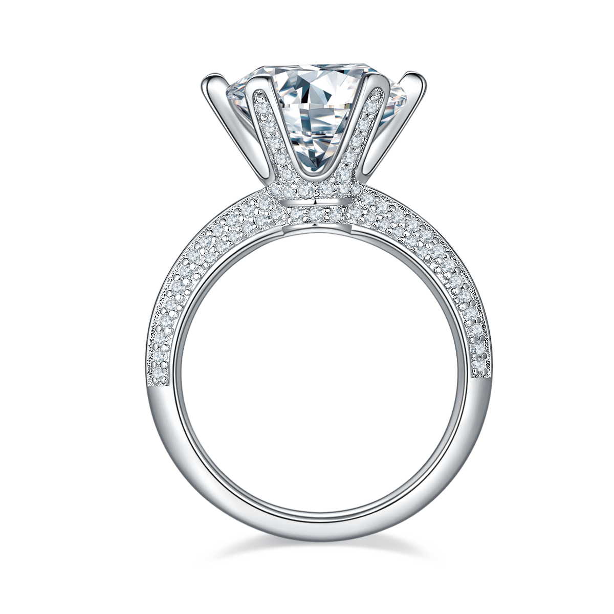 CARISSIE round moissanite ring, side profile displaying the gallery rail diamonds and smooth inner band