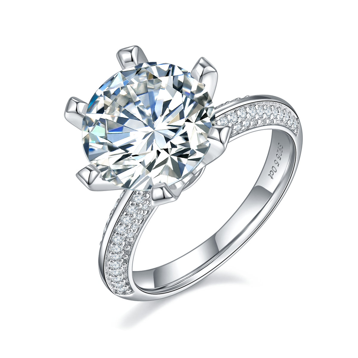 CARISSIE round moissanite engagement ring, angled view showing six-prong setting and pavé split shank band